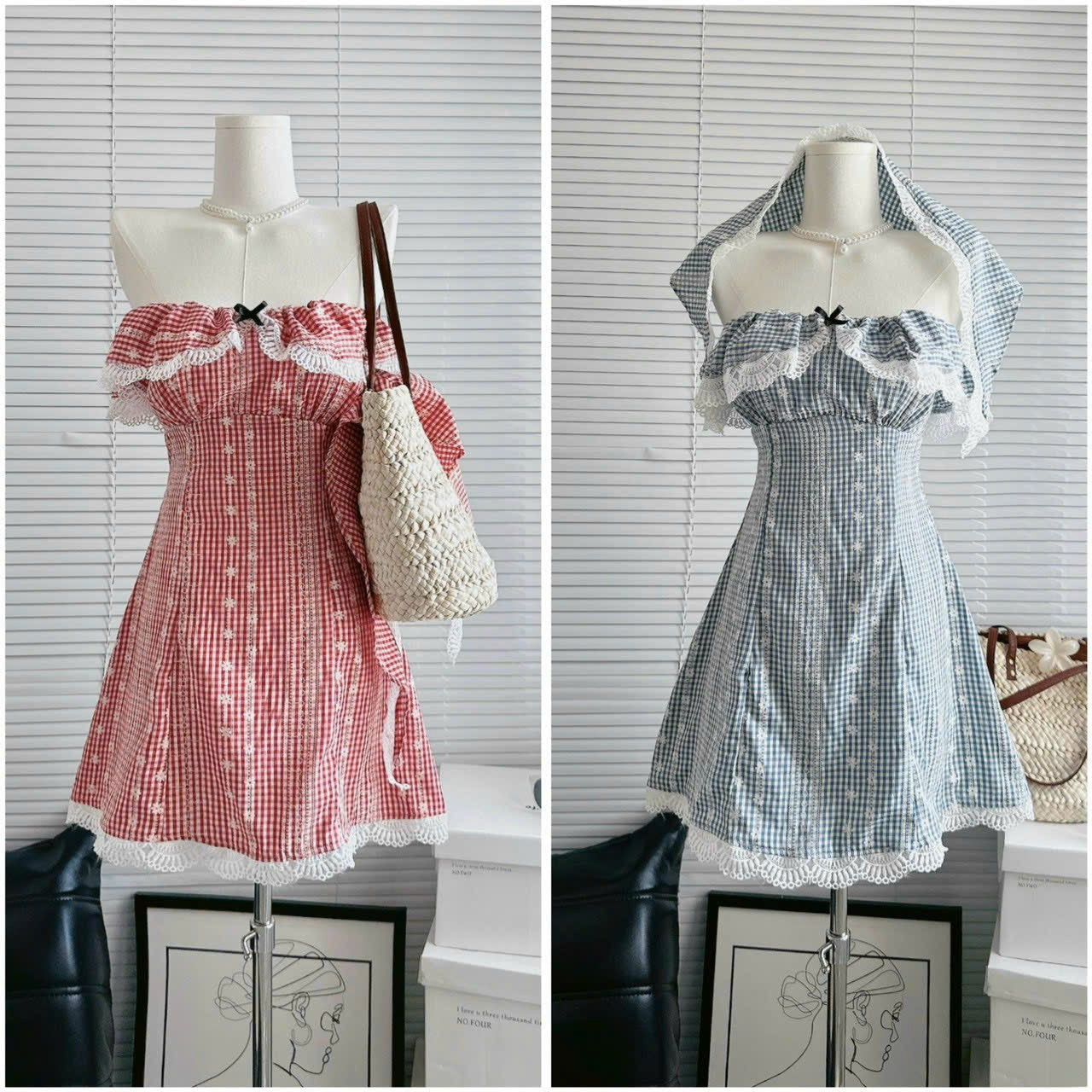 Blue red dress free bow hair