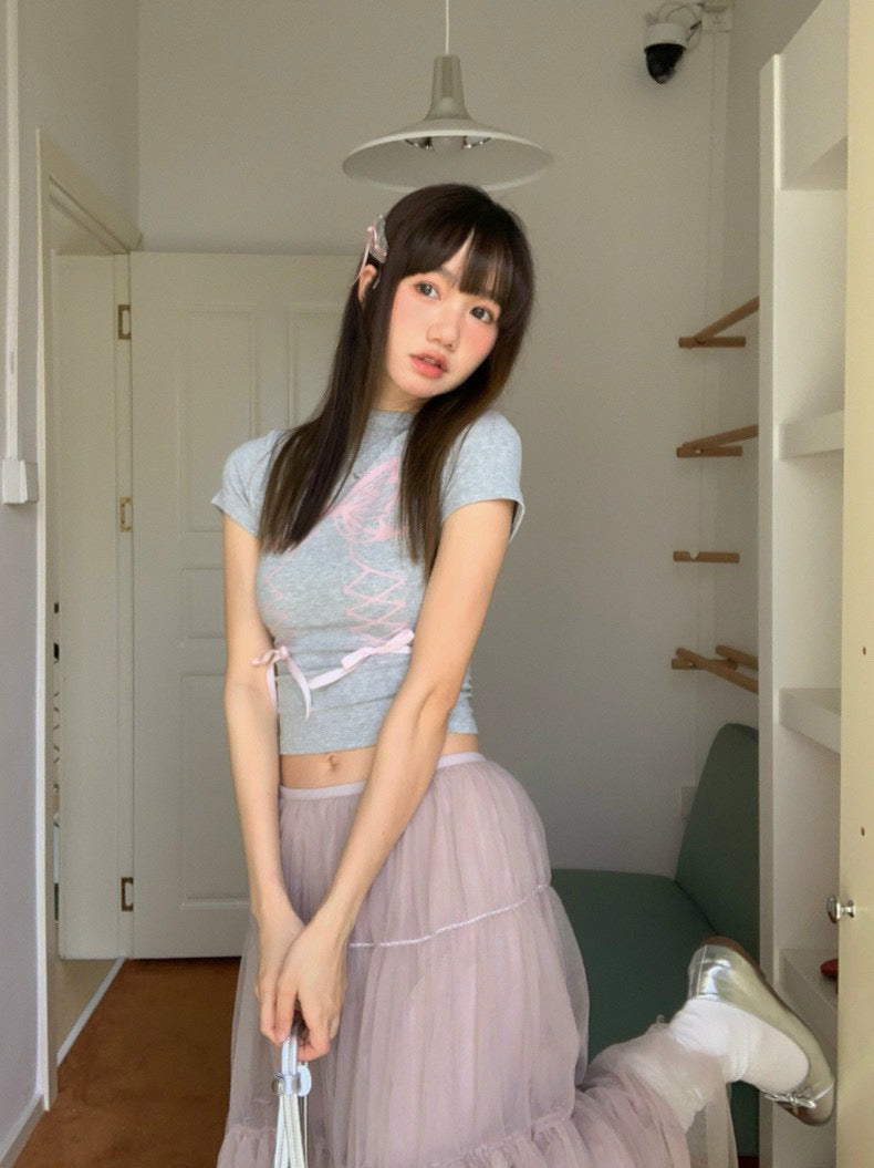 Set bow pink grey shirt