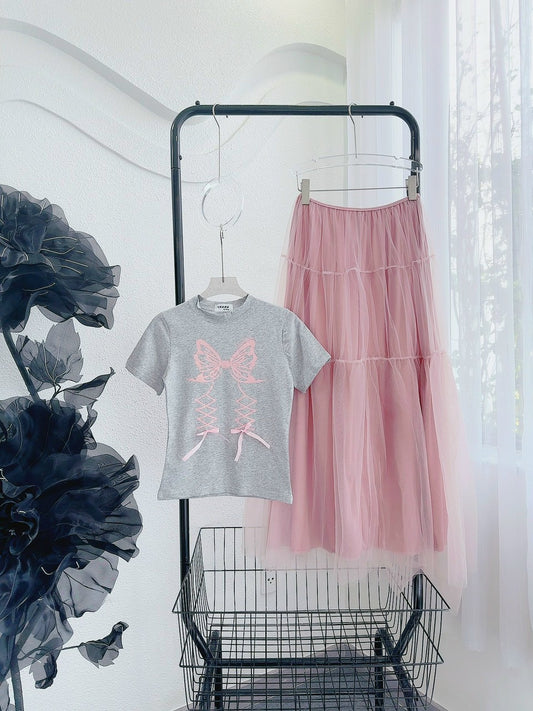 Set bow pink grey shirt