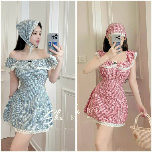 Blue red dress free bow hair